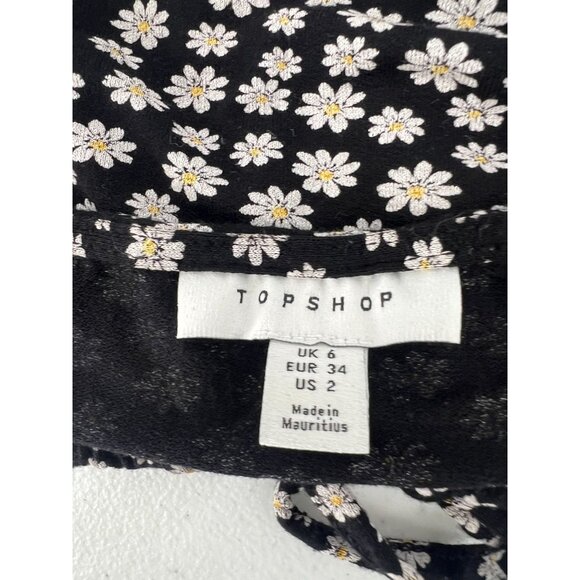 Topshop US 2 Black Daisy Crop Top Puff Sleeve Lettuce Hem Square Neck Y2K - Picture 3 of 8